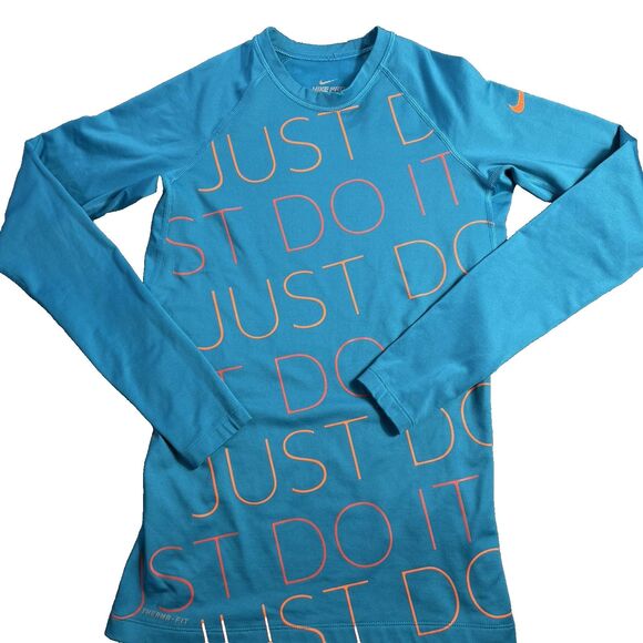 Nike Pro Combat Top Women’s Small Blue Dri-Fit Therma Fitted Thumb Holes Swoosh - Picture 1 of 13